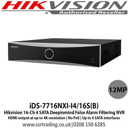 Hikvision 16 Channel NVR iDS-7716NXI-I4/16S(B) 4 SATA Deepinmind False Alarm Filtering NVR HDMI output at up to 4K resolution  No PoE  up to 4 SATA interfaces p to 8 TB for each HDD 