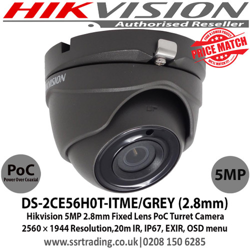 Hikvision 5MP 2.8mm Fixed Lens HD-TVI PoC Grey Turret CCTV Camera, 20m IR Distance, IP67 Weatherproof, Digital WDR, Smart IR, EXIR, True Day/Night - DS-2CE56H0T-ITME/GREY (2.8mm)