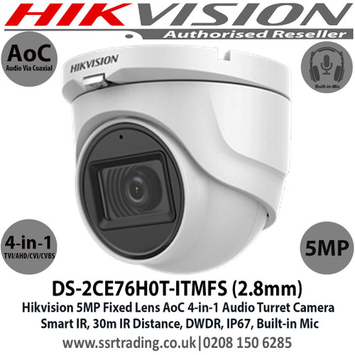 Hikvision 5MP 2.8mm Fixed Lens AoC 4-in-1 Audio Turret CCTV Camera, Switchable TVI/AHD/CVI/CVBS, 30m IR Distance, IP67 Weatherproof, Smart IR, True Day/Night, Audio Over Coaxial Cable, Built-in Mic  - DS-2CE76H0T-ITMFS (2.8mm)