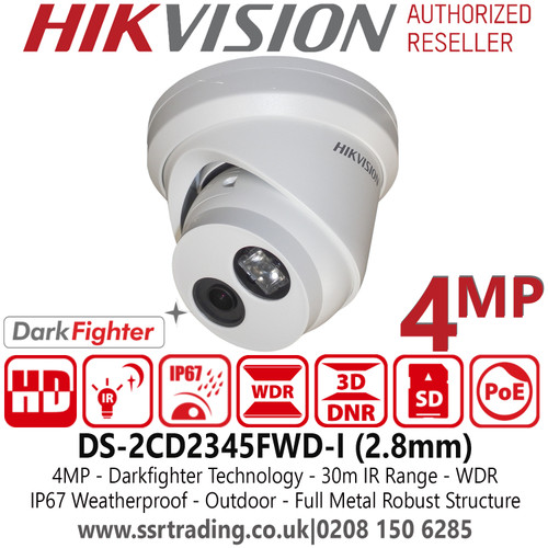 Hikvision 4MP 2.8mm Fixed Lens Darkfighter PoE IP Network Turret CCTV Camera, 30m IR Distance, IP67 Weatherproof, WDR, H.265+ Compression, Built-in micro SD/SDHC/SDXC Card Slot - DS-2CD2345FWD-I (2.8mm)