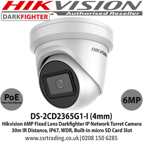 Hikvision 6MP 4mm Fixed Lens Darkfighter PoE IP Network Turret CCTV Camera, 30m IR Distance, IP67 Weatherproof, WDR, H.265+ Compression, Built-in micro SD/SDHC/SDXC Card Slot - DS-2CD2365G1-I (4mm)