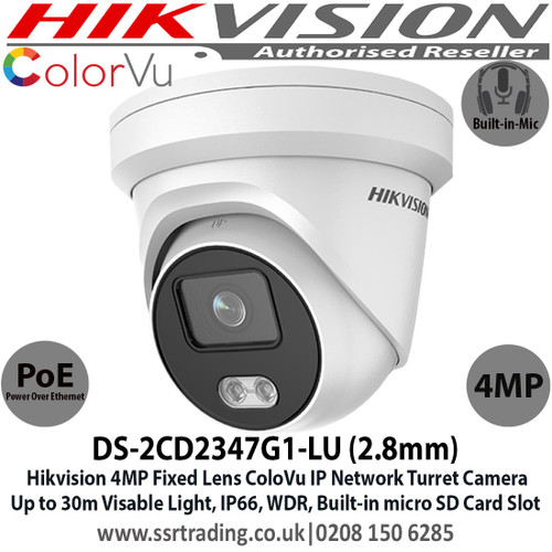 Hikvision 4MP 2.8mm Fixed Lens ColorVu IP PoE Turret CCTV Camera, 30m White Light Distance, IP66, 120dB WDR, H.265+ Compression, Built-in micro SD/SDHC/SDXC Card Slot, 24/7 Full Color Imaging, Built in Microphone - DS-2CD2347G1-LU (2.8mm)