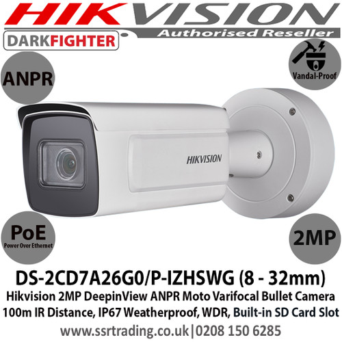 Hikvision DS-2CD7A26G0/P-IZHSWG (8 - 32MM) 2MP motorized varifocal Licence Plate Recognition camera with wiegand interface, Up to 50m IR distance, IP67 weatherproof, Supports on board storage (up to 256GB) 