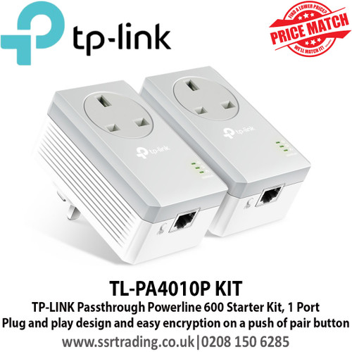 TP-LINK TL-PA4010P KIT Passthrough Powerline 600 Starter Kit, 1 Port, Plug and play design and easy encryption on a push of pair button