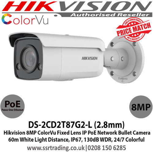 Hikvision 8MP 4K 2.8mm Fixed Lens ColorVu IP PoE Network Bullet CCTV Camera, 60m White Light Range, IP67 Weatherproof, 24/7 Colorful Imaging, 130dB WDR, H.265+ Compression - DS-2CD2T87G2-L (2.8mm)