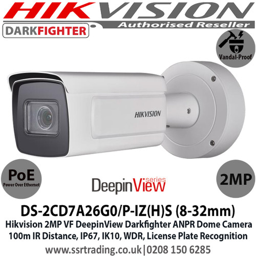 Hikvision 2MP 8-32mm Varifocal Lens DeepinView DarkFighter ANPR PoE IP Bullet CCTV Camera, 100m IR Distance, IP67 Weatherproof, IK10 Vandalproof, WDR, H.265+ compression, Built-in micro SD/SDHC/SDXC slot - DS-2CD7A26G0/P-IZ(H)S (8-32mm)