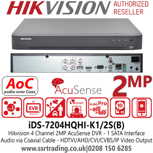 Hikvision  iDS-7204HQHI-K1/2S(B) 4 Channel AcuSense TVI Turbo 5.0 2MP DVR with Connectable to HD-TVI, AHD, IP, CVI & analogue cameras, Up to 4ch 2MP ONVIF conformant IP cameras input 