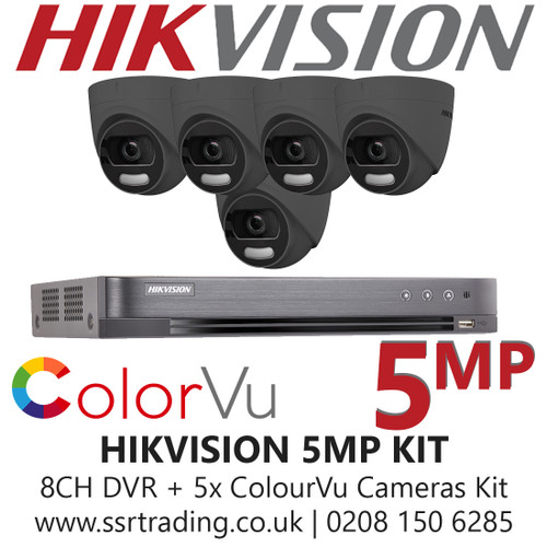 CCTV Kit Hikvision 5MP Balun Kit - 8CH DVR + 5x Grey ColourVu Turret Cameras