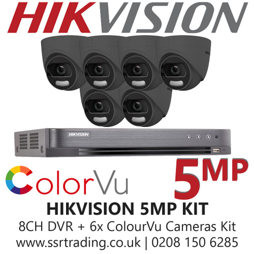 Hikvision CCTV Kit 5MP Balun Kit - 8CH DVR + 6x Grey ColourVu Turret Cameras