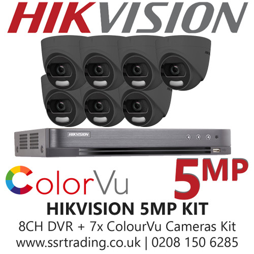 Hikvision CCTV Kit 5MP Balun Kit - 8CH DVR + 7x Grey ColourVu Turret Cameras