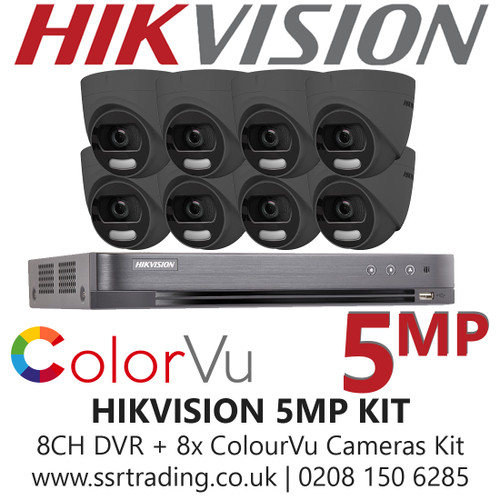 Hikvision CCTV System Kit 5MP Balun Kit - 8CH DVR + 8x Grey ColourVu Turret Cameras