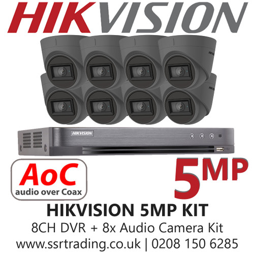 CCTV Camera Kit Hikvision 5MP Balun Kit - 8CH DVR + 8x Grey Audio Turret Cameras