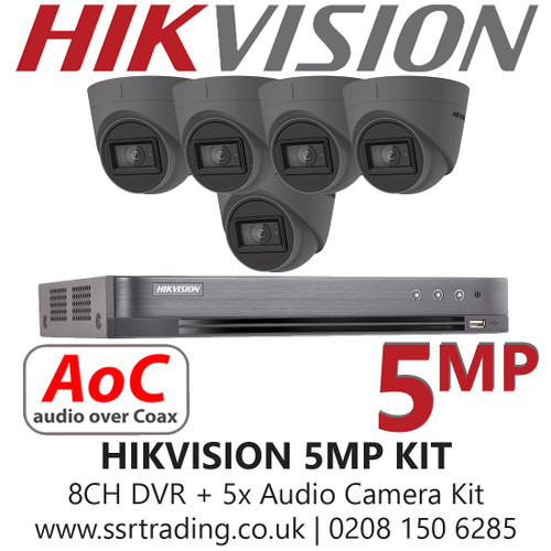 CCTV Camera System Kit Hikvision 5MP Balun Kit - 8CH DVR + 5x Grey Audio Turret Cameras