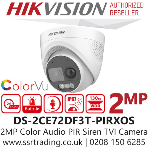 Hikvision 2MP 2.8mm Fixed Lens AoC ColorVu PIR Siren Audio TVI Turret CCTV Camera, 20m IR  White Light Distance, IP67 Weatherproof, Strobe light & audio alarm, Built in MIC & Speaker - DS-2CE72DF3T-PIRXOS (2.8mm)