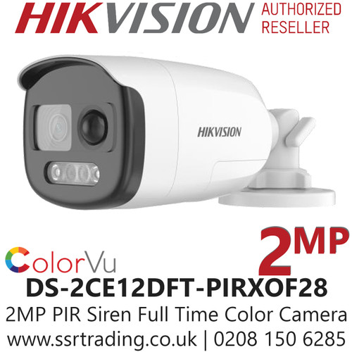 Hikvision 2MP 2.8mm Fixed Lens ColorVu PIR Siren 4-in-1 Bullet CCTV Camera, Switchable TVI/AHD/CVI/CVBS, 40m White Light Distance, IP67 Weatherproof, Strobe light & audio alarm, Built-in Siren - DS-2CE12DFT-PIRXOF28 (2.8mm)