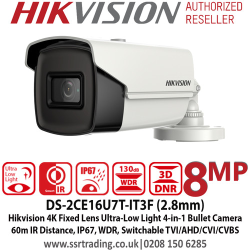 Hikvision 8MP/4K 2.8mm Fixed Lens Ultra-Low Light 4-in-1 Bullet Camera, 60m IR Distance, IP67 Weatherproof, 130dB WDR, 3D DNR - DS-2CE16U7T-IT3F (2.8mm)
