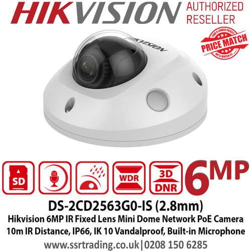 Hikvision 6MP 2.8mm  Fixed Lens Network Mini Dome CCTV Camera, 10m IR Distance, IP66 Weatherproof, IK10 Vandal, Built-in Microphone - DS-2CD2563G0-IS