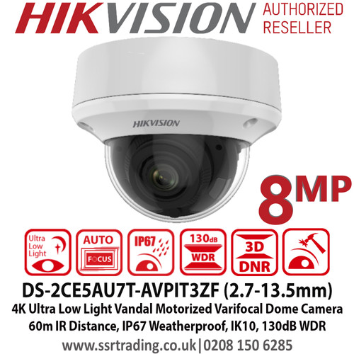Hikvision 8MP/4K 2.7-13.5mm Motorized Varifocal Lens Auto Focus Ultra-Low Light 4-in-1 Dome Camera, 60m IR Distance, IP67 Weatherproof, IK10 Vandalproof, 130dB WDR, 3D DNR - DS-2CE5AU7T-AVPIT3ZF (2.7-13.5mm)