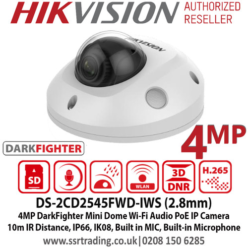  Hikvision 4MP 2.8mm Fixed Lens Darkfighter Wi-Fi Audio PoE Mini Dome Network CCTV Camera, 10m IR Distance, IP66 Weatherproof, IK08 Vandalproof, WDR, Built-in MIC, Support MicroSD/SDHC/SDXC Card - DS-2CD2545FWD-IWS(2.8mm)