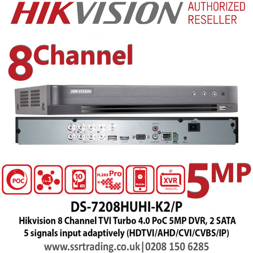 Hikvision 8 Channel 5MP PoC Turbo 4 8CH DVR Recorder K2 HD-TVI-AHD-CVI & Analogue- DS-7208HUHI-K2/P