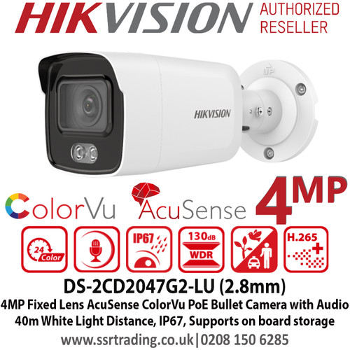 Hikvision 4MP 2.8mm Fixed Lens AcuSense ColorVu Bullet PoE Network CCTV Camera with Audio, Up to 40m White light, H.265+ compression, IP67 weatherproof, Face Capture, Built in microphone, Supports on board storage - DS-2CD2047G2-LU (2.8mm)