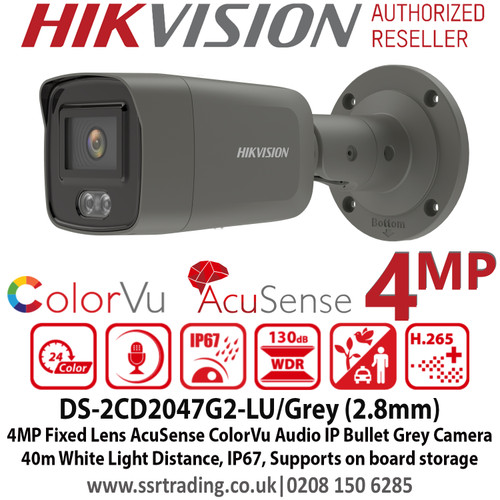 Hikvision 4MP 2.8mm Fixed Lens AcuSense ColorVu Bullet PoE Network Grey Camera with Audio, Up to 40m White light, H.265+ compression, IP67 weatherproof, Face Capture, Built in microphone, Supports on board storage - DS-2CD2047G2-LU /Grey (2.8mm)