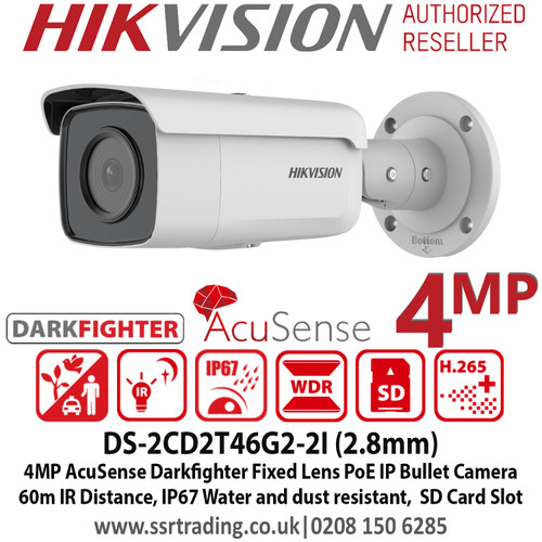 Hikvision 4MP AcuSense Darkfighter PoE Network Bullet CCTV Camera, Up to 60m IR Distance - DS-2CD2T46G2-2I (2.8mm lens)
