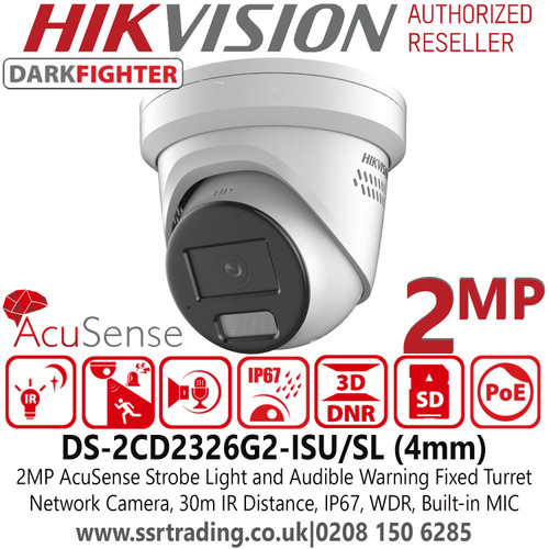 Hikvision DS-2CD2326G2-ISU/SL (4mm) 2MP AcuSense DarkFighter Strobe Light and Audible Warning Fixed Lens Outdoor CCTV Security Turret Network PoE Camera 