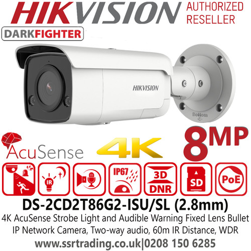 Hikvision 4K 8MP AcuSense DarkFighter Strobe Light and Audible Warning 2.8mm Fixed Lens Outdoor Nightvision Bullet Network PoE Camera - DS-2CD2T86G2-ISU/SL (2.8mm)