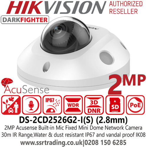 Hikvision 2MP Acusense DarkFighter Built-In Microphone Fixed Lens Mini Dome Network PoE Camera with 30m IR Range - DS-2CD2526G2-I(S) (2.8mm)