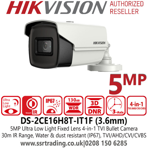 Hikvision 5MP Ultra Low Light Fixed Lens 4-in-1 TVI/AHD/CVI/CVBS Outdoor Bullet CCTV Camera with 30m IR Range - DS-2CE16H8T-IT1F (3.6mm)