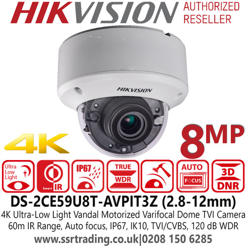 Hikvision DS-2CE59U8T-AVPIT3Z (2.8-12mm) 4K/8MP Ultra-Low Light Vandalproof Auto focus  Motorized Varifocal Lens Outdoor Dome TVI/CVBS Camera with 60m IR Range 