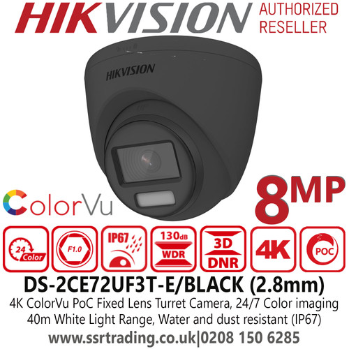 Hikvision 4K 8MP ColorVu PoC Fixed Lens Outdoor Black Turret Camera with 40m White Light Range, 24/7 Color Imaging - DS-2CE72UF3T-E(2.8mm)/BLACK