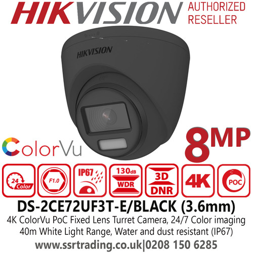 Hikvision 4K 8MP ColorVu PoC Fixed Lens Outdoor Black Turret Camera with 40m White Light Range, 24/7 Color Imaging - DS-2CE72UF3T-E(3.6mm)/BLACK