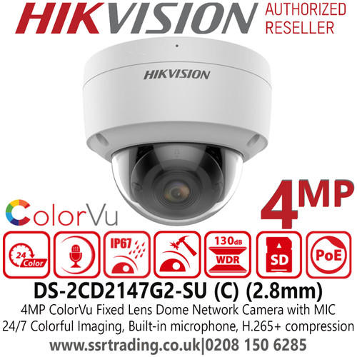 Hikvision 4MP ColorVu Fixed Lens Outdoor Network PoE Dome Camera with Built-in microphone, 24/7 colorful imaging - DS-2CD2147G2-SU(2.8mm)(C)