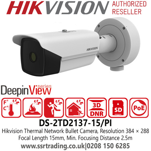 Hikvision Thermal Network PoE Bullet Camera - Resolution 384 × 288 - Focal Length 15mm - Min. Focusing Distance 2.5m - DS-2TD2137-15/PI