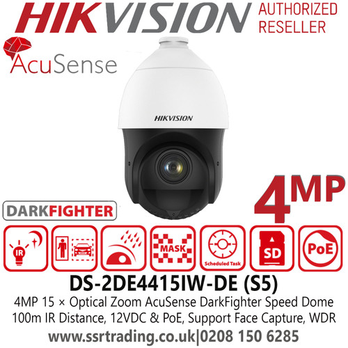 Hikvision 4MP AcuSense DarkFighter Network PoE PTZ Speed Dome Camera With 100m IR Distance - 15 × Optical zoom, 16 × Digital zoom - DS-2DE4415IW-DE(S5)