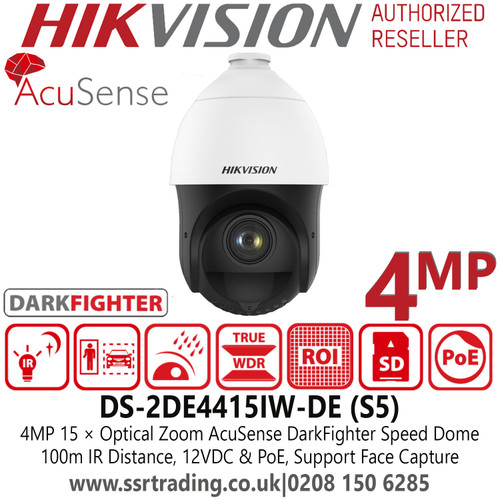 Hikvision DS-2DE4415IW-DE(S5) 4MP AcuSense DarkFighter Network PoE PTZ Speed Dome Camera With 100m IR Distance - 15 × Optical zoom, 16 × Digital zoom 