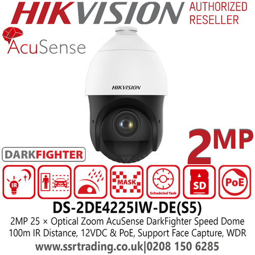 Hikvision 2MP AcuSense DarkFighter Network PoE PTZ Speed Dome Camera With 100m IR Distance - 25 × Optical zoom, 16 × Digital zoom - DS-2DE4225IW-DE(S5)