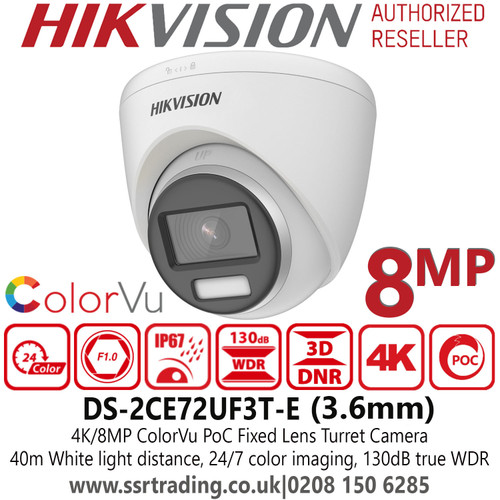 Hikvision DS-2CE72UF3T-E 8MP ColorVu PoC 3.6mm Fixed Lens 4K Turret Camera with 40m White Light Range, 24/7 Color Imaging 