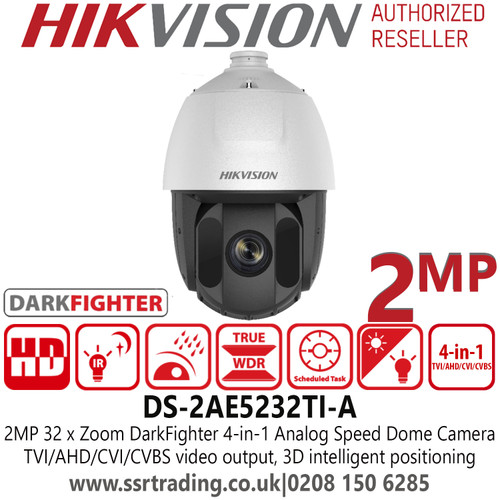 Hikvision 2MP Darkfighter 4-in-1 TVI/AHD/CVI/CVBS Analog Speed Dome Camera with - 32× optical zoom, 16× digital zoom - DS-2AE5232TI-A