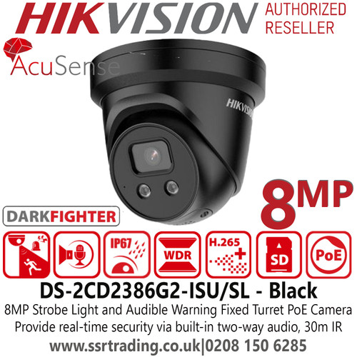 Hikvision 8MP IP PoE 2.8mm Darkfighter Built-in Two-way Audio Alarm Warning AcuSense Turret Camera in Black - DS-2CD2386G2-ISU/SL(2.8MM)/BLACK