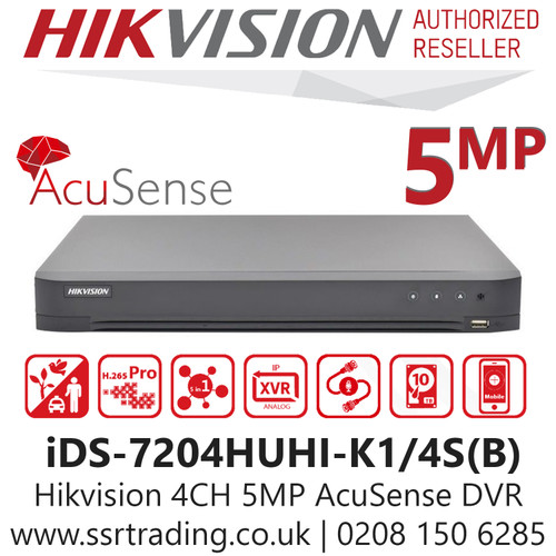 Hikvision 4 Channel 5MP AcuSense AoC (Audio via coaxial cable) H.265 Comression 1 SATA 4Ch DVR iDS-7204HUHI-K1/4S(B) 