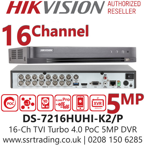 Hikvision 16 Channel 5MP PoC H.265 2 SATA DVR DS-7216HUHI-K2/P 