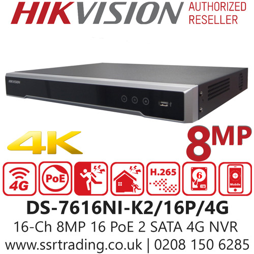 Hikvision 16 Channel 8MP 16 PoE 2 SATA 4G NVR - DS-7616NI-K2/16P/4G 