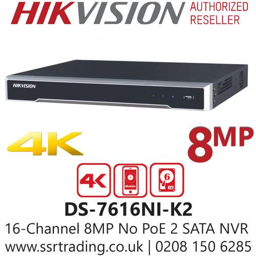 Hikvision 16 Channel 8MP No PoE 2 SATA 4K H.265 Compression NVR DS-7616NI-K2 