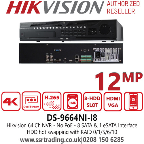 Hikvision 64 Channel 12MP No PoE 8 SATA 4K NVR - DS-9664NI-I8
