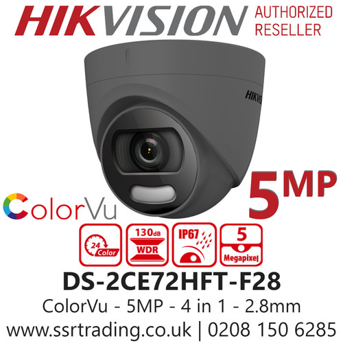 Hikvision 5MP 2.8mm Lens ColorVu 20m White Light Range Grey Turret Camera DS-2CE72HFT-F28/Grey