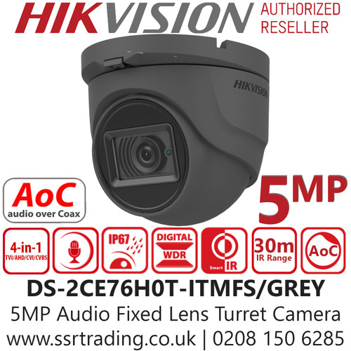 Hikvision 5MP 2.8mm Lens AoC Audio Turret Grey Camera 30m IR Range DS-2CE76H0T-ITMFS