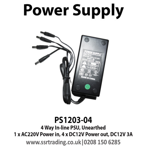 4 Way In-line PSU, Unearthed, DC12V 3A, 4 Way in line PSU PS1203-04 